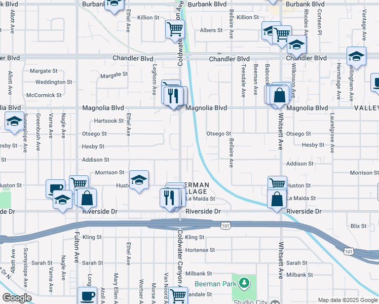map of restaurants, bars, coffee shops, grocery stores, and more near 5015 Alcove Avenue in Los Angeles