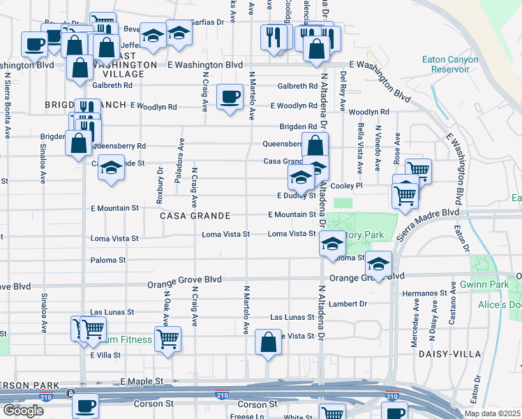 map of restaurants, bars, coffee shops, grocery stores, and more near 2337 East Mountain Street in Pasadena