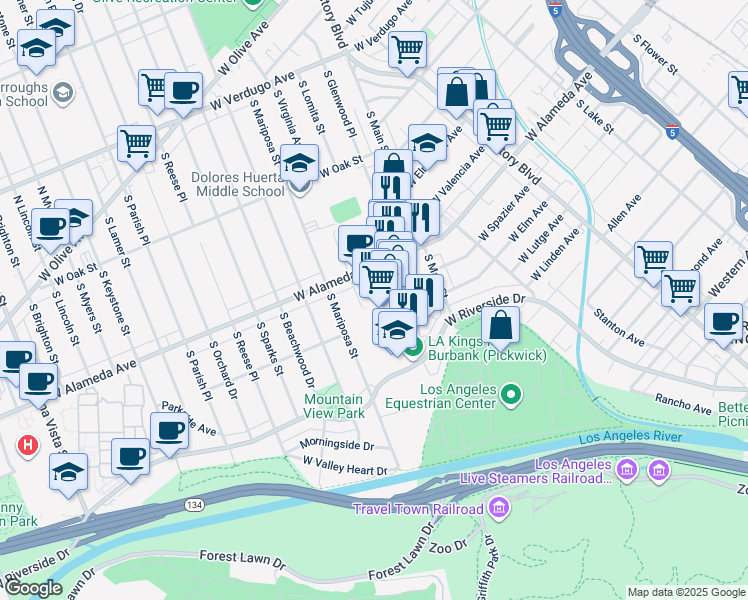 map of restaurants, bars, coffee shops, grocery stores, and more near 1150 W Alameda Ave in Burbank