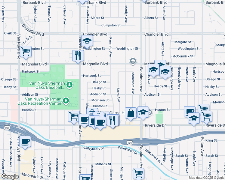 map of restaurants, bars, coffee shops, grocery stores, and more near 5016 Ranchito Avenue in Los Angeles