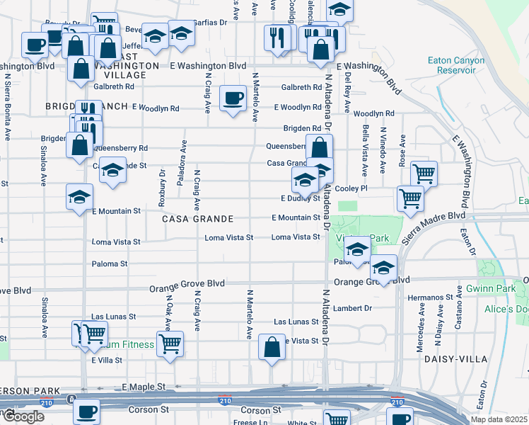 map of restaurants, bars, coffee shops, grocery stores, and more near 2337 East Mountain Street in Pasadena