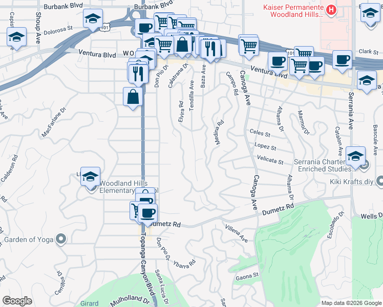 map of restaurants, bars, coffee shops, grocery stores, and more near 5105 Tendilla Avenue in Los Angeles