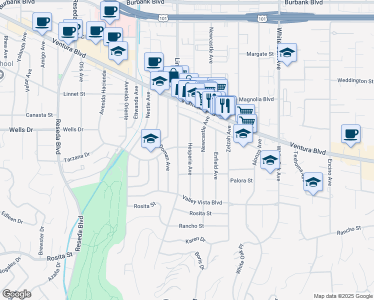 map of restaurants, bars, coffee shops, grocery stores, and more near 5059 Hesperia Avenue in Los Angeles