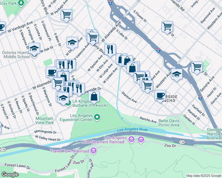 map of restaurants, bars, coffee shops, grocery stores, and more near 1851 Riverside Drive in Glendale
