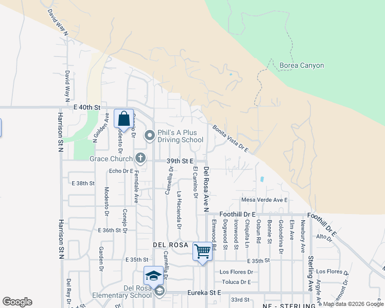 map of restaurants, bars, coffee shops, grocery stores, and more near 3962 La Hacienda Drive in San Bernardino