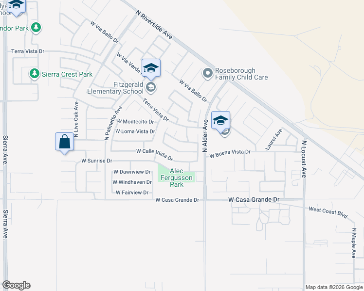 map of restaurants, bars, coffee shops, grocery stores, and more near 3475 North Grapewood Avenue in Rialto
