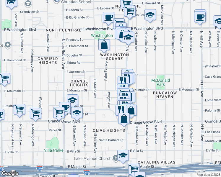 map of restaurants, bars, coffee shops, grocery stores, and more near 961 Palm Terrace in Pasadena