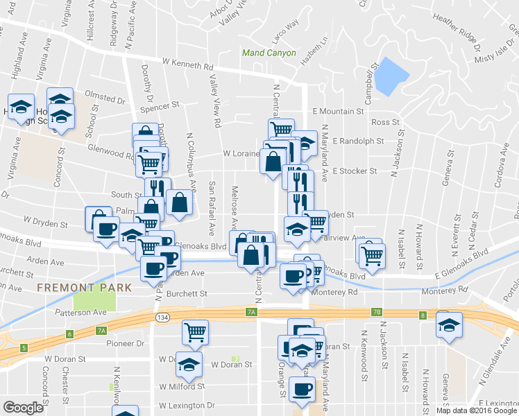 map of restaurants, bars, coffee shops, grocery stores, and more near 1137 North Central Avenue in Glendale