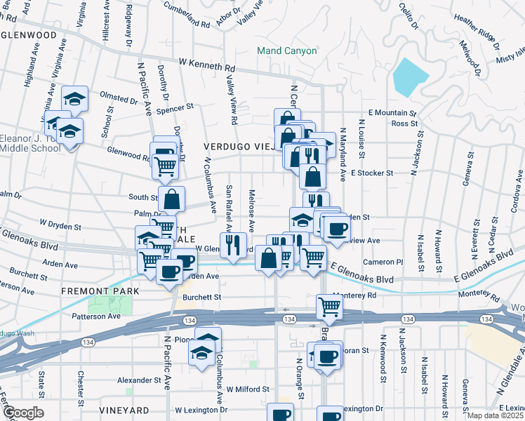 map of restaurants, bars, coffee shops, grocery stores, and more near 1137 North Central Avenue in Glendale