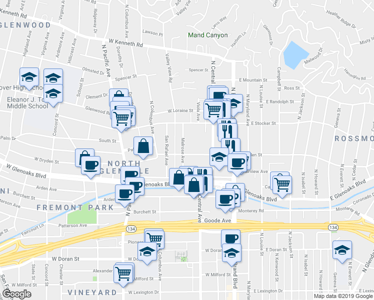map of restaurants, bars, coffee shops, grocery stores, and more near 1137 North Central Avenue in Glendale