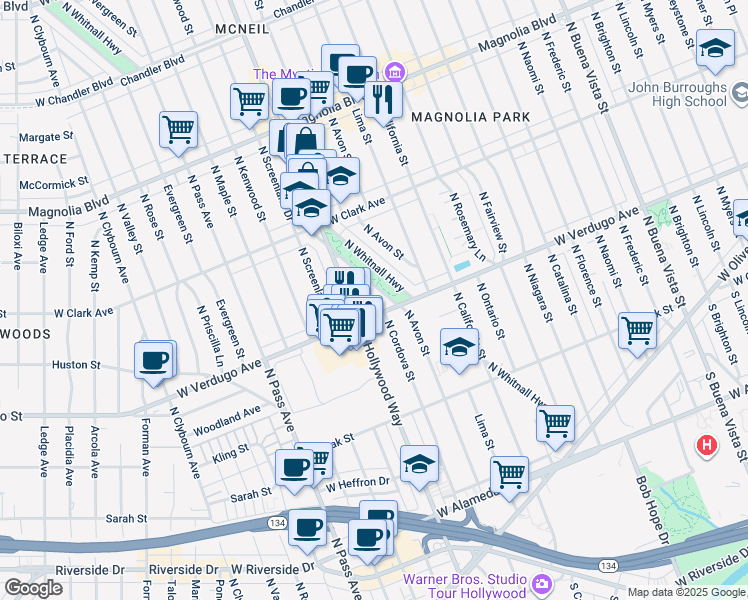 map of restaurants, bars, coffee shops, grocery stores, and more near 638 North Whitnall Highway in Burbank