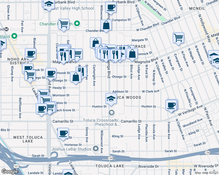 map of restaurants, bars, coffee shops, grocery stores, and more near 5041 Cahuenga Boulevard in Los Angeles