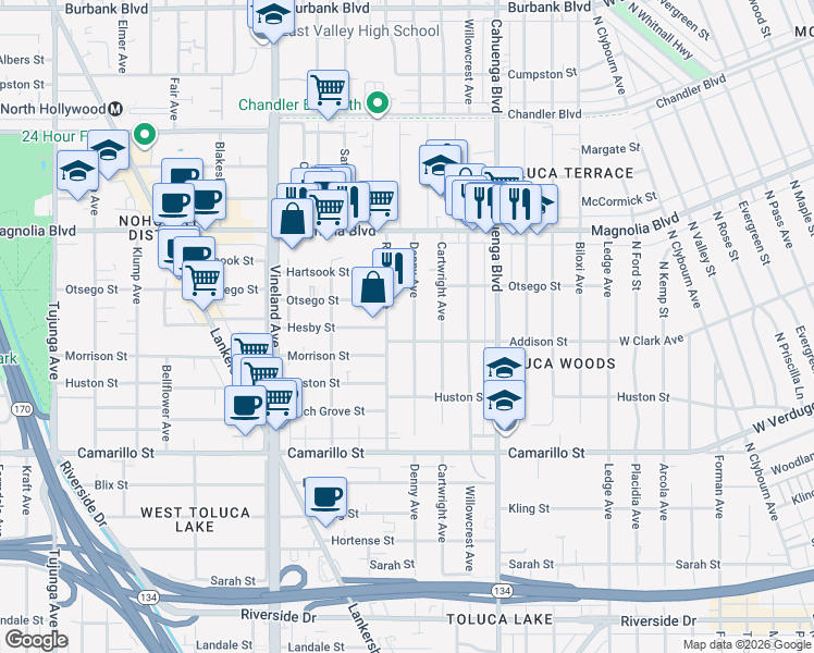 map of restaurants, bars, coffee shops, grocery stores, and more near 5043 Denny Avenue in Los Angeles