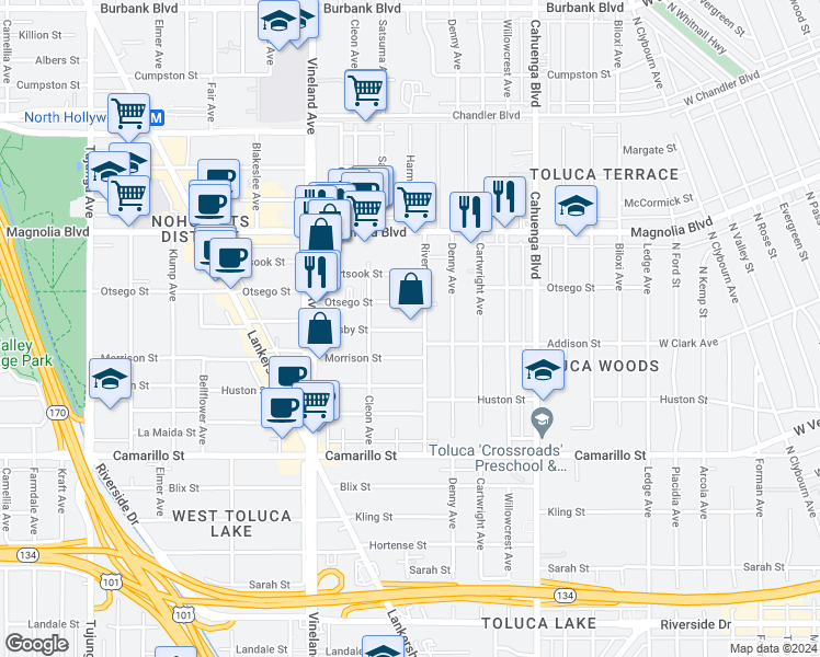 map of restaurants, bars, coffee shops, grocery stores, and more near 10822 Otsego Street in Los Angeles