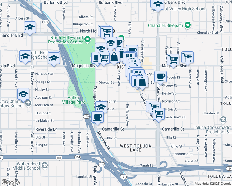 map of restaurants, bars, coffee shops, grocery stores, and more near 5066 Klump Avenue in Los Angeles