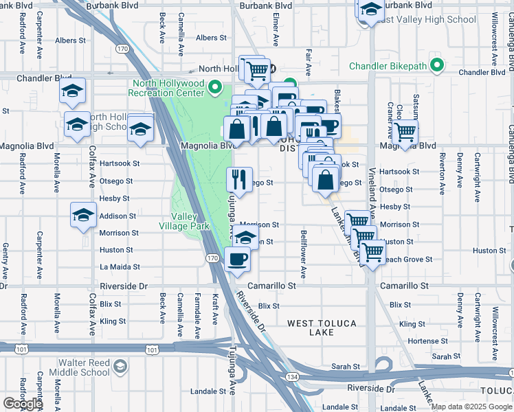 map of restaurants, bars, coffee shops, grocery stores, and more near 5060 Bakman Avenue in Los Angeles
