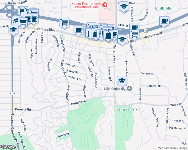 map of restaurants, bars, coffee shops, grocery stores, and more near 5050 Escobedo Drive in Los Angeles