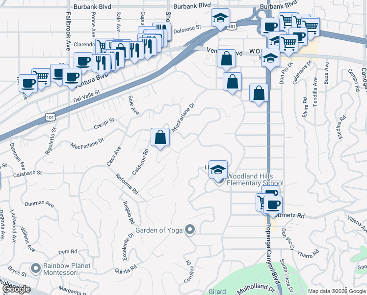 map of restaurants, bars, coffee shops, grocery stores, and more near 5193 Llano Drive in Los Angeles