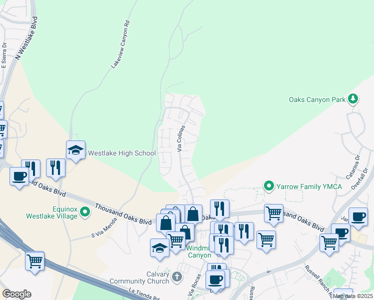map of restaurants, bars, coffee shops, grocery stores, and more near 380 Via Colinas in Thousand Oaks