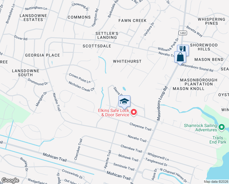 map of restaurants, bars, coffee shops, grocery stores, and more near 409 Sierra Drive in Wilmington