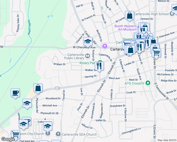 map of restaurants, bars, coffee shops, grocery stores, and more near 26 Walker Street in Cartersville