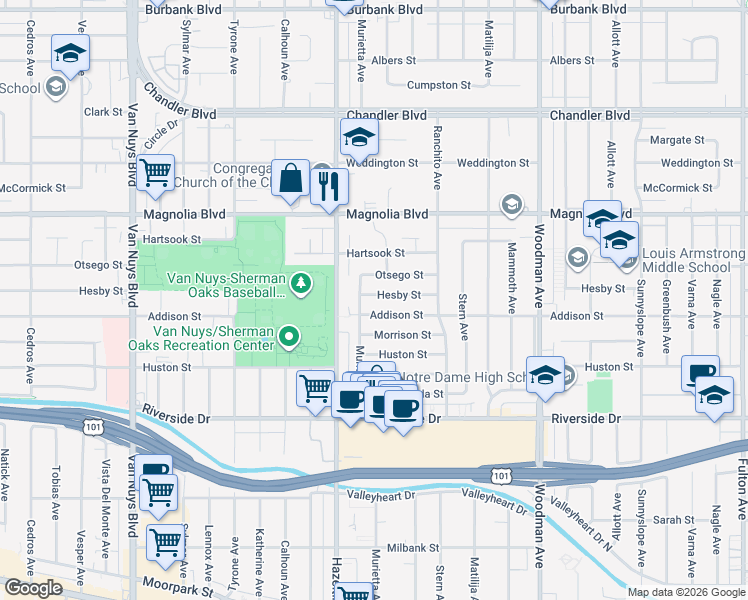 map of restaurants, bars, coffee shops, grocery stores, and more near 14024 Otsego Street in Los Angeles