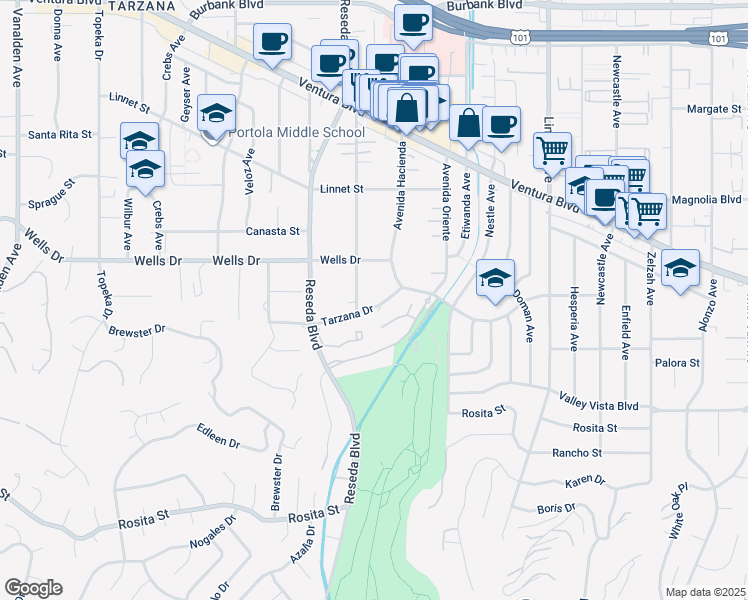 map of restaurants, bars, coffee shops, grocery stores, and more near 18433 Tarzana Drive in Los Angeles