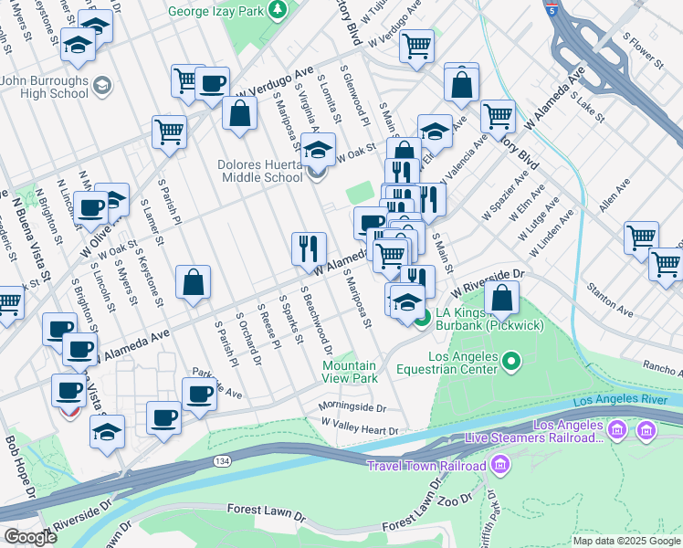 map of restaurants, bars, coffee shops, grocery stores, and more near 1204 West Alameda Avenue in Burbank