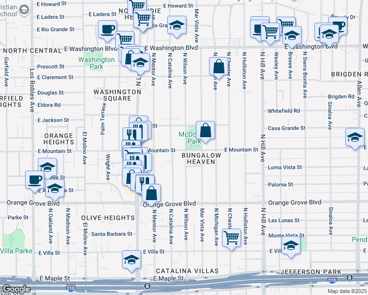 map of restaurants, bars, coffee shops, grocery stores, and more near 1065 East Mountain Street in Pasadena