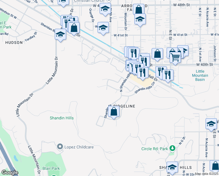 map of restaurants, bars, coffee shops, grocery stores, and more near 1133 Shady Creek Drive in San Bernardino