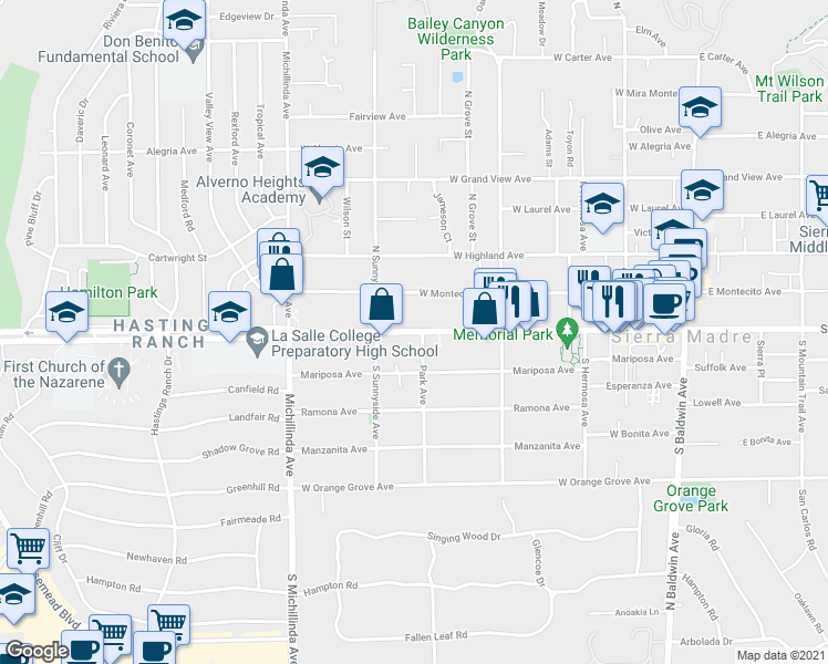 map of restaurants, bars, coffee shops, grocery stores, and more near 501 W Sierra Madre Blvd in Sierra Madre