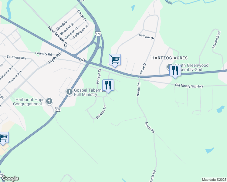 map of restaurants, bars, coffee shops, grocery stores, and more near 107 McQuay Trail in Greenwood