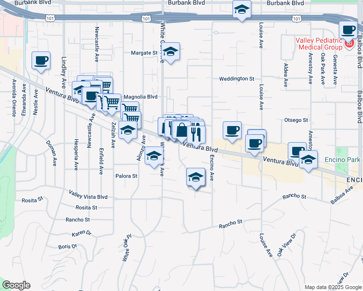 map of restaurants, bars, coffee shops, grocery stores, and more near 17620 Ventura Boulevard in Los Angeles