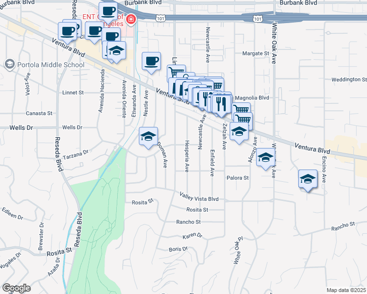map of restaurants, bars, coffee shops, grocery stores, and more near 5059 Hesperia Avenue in Los Angeles