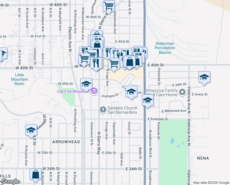 map of restaurants, bars, coffee shops, grocery stores, and more near 154 Palmyra Drive in San Bernardino