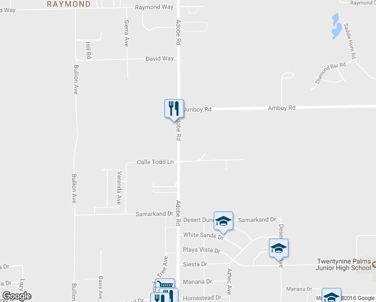 map of restaurants, bars, coffee shops, grocery stores, and more near 4973 Adobe Road in Twentynine Palms