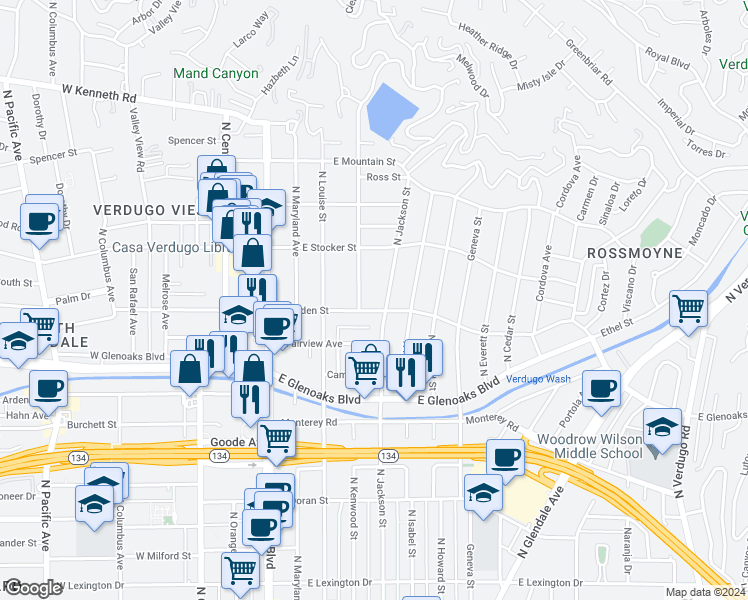 map of restaurants, bars, coffee shops, grocery stores, and more near in Glendale