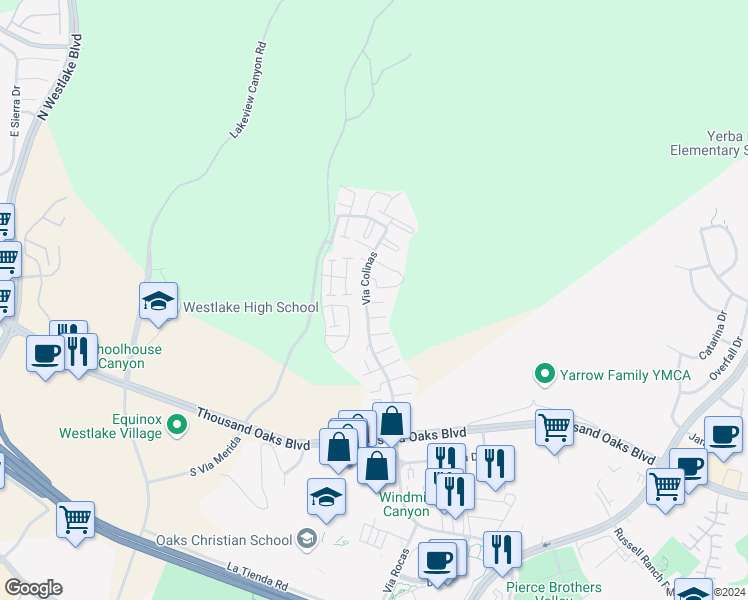 map of restaurants, bars, coffee shops, grocery stores, and more near 366 Via Colinas in Westlake Village
