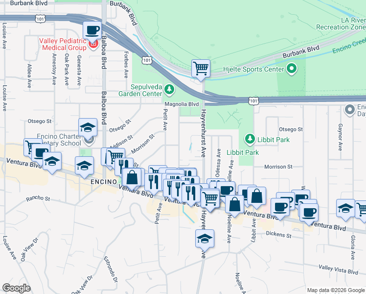 map of restaurants, bars, coffee shops, grocery stores, and more near 5041 Gerald Avenue in Los Angeles