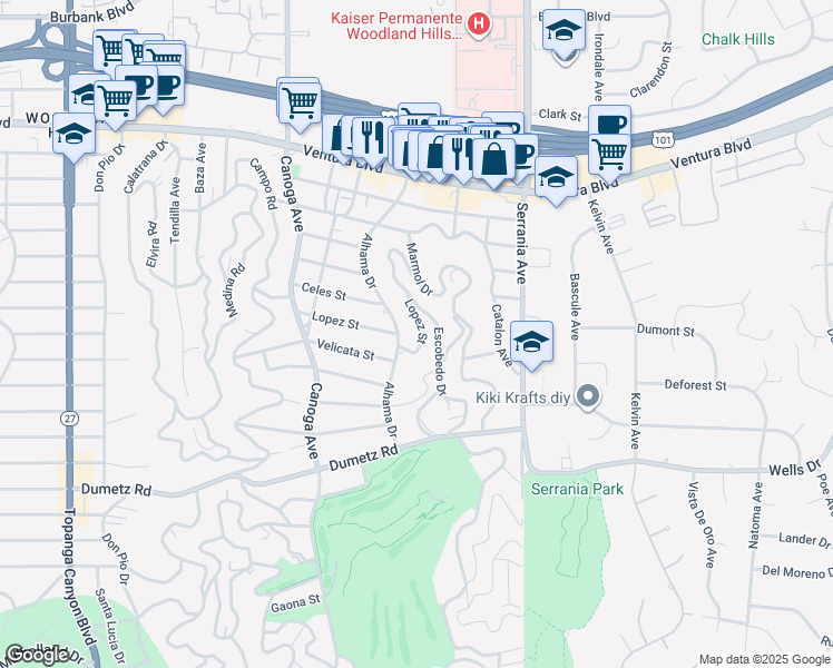 map of restaurants, bars, coffee shops, grocery stores, and more near 21153 Lopez Street in Los Angeles