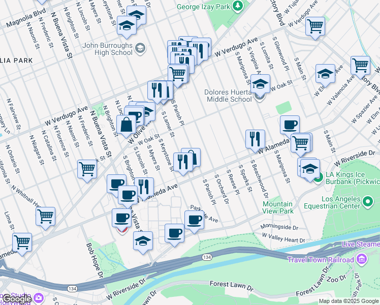 map of restaurants, bars, coffee shops, grocery stores, and more near 401 South Parish Place in Burbank