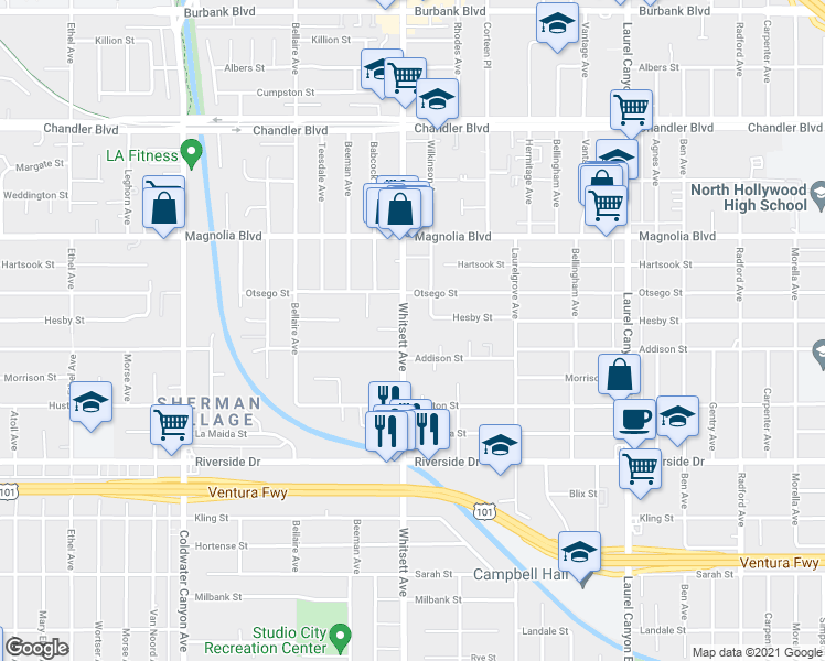 map of restaurants, bars, coffee shops, grocery stores, and more near 5047 Whitsett Avenue in Los Angeles