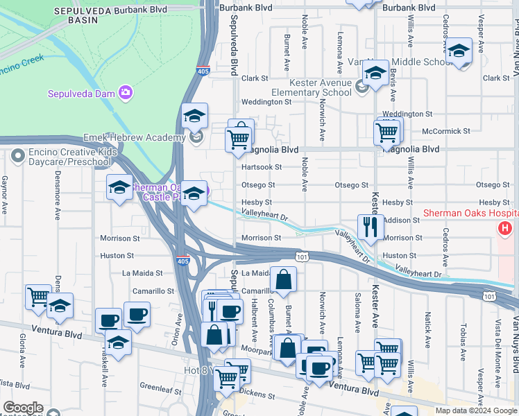 map of restaurants, bars, coffee shops, grocery stores, and more near 15218 Hesby Street in Los Angeles