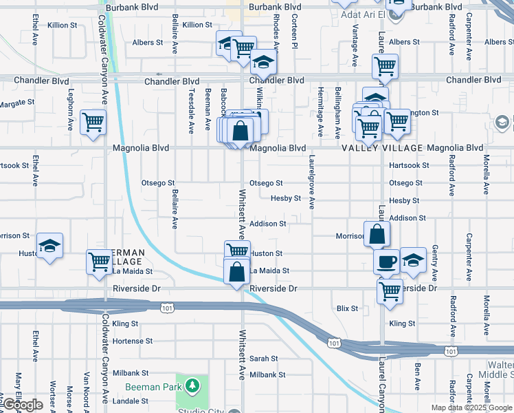 map of restaurants, bars, coffee shops, grocery stores, and more near 12432 Hesby Street in Los Angeles