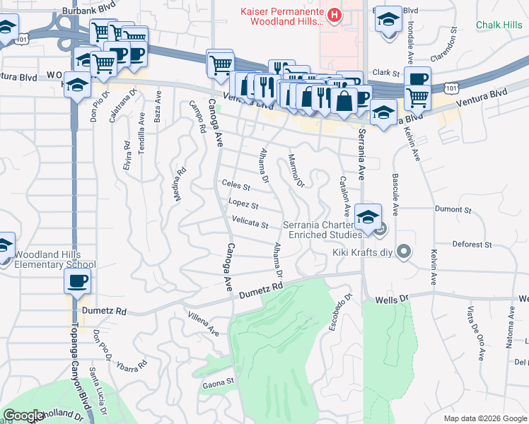 map of restaurants, bars, coffee shops, grocery stores, and more near 21228 Lopez Street in Los Angeles