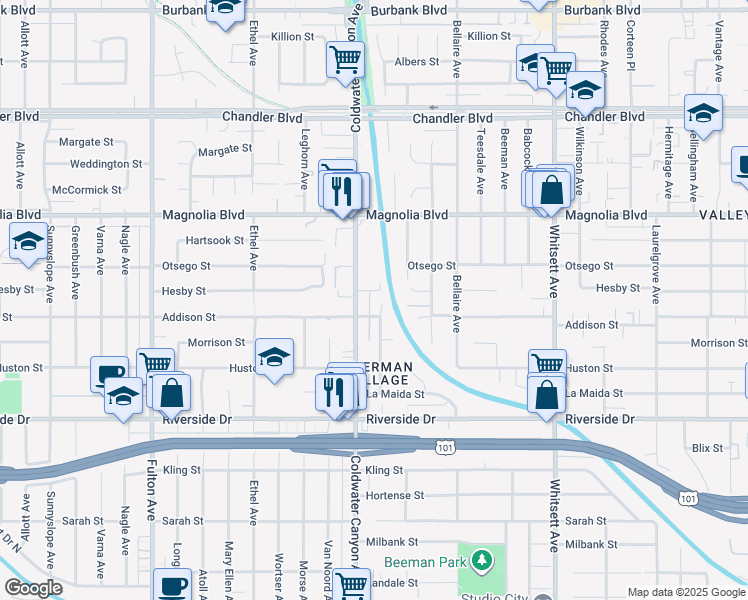 map of restaurants, bars, coffee shops, grocery stores, and more near 5015 Alcove Avenue in Los Angeles