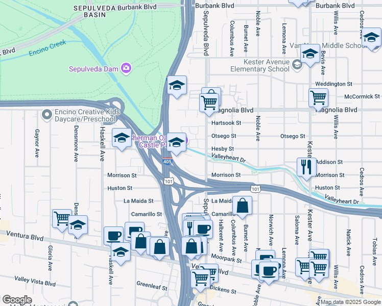map of restaurants, bars, coffee shops, grocery stores, and more near 15222 Hesby Street in Los Angeles