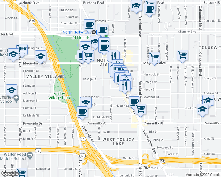 map of restaurants, bars, coffee shops, grocery stores, and more near Hesby Street in Los Angeles