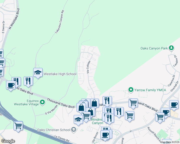 map of restaurants, bars, coffee shops, grocery stores, and more near 366 Via Colinas in Westlake Village