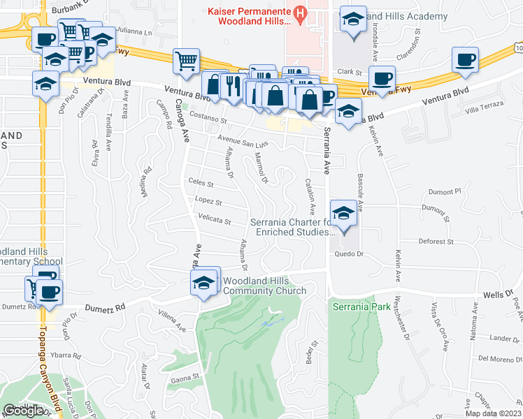 map of restaurants, bars, coffee shops, grocery stores, and more near 21153 Lopez Street in Los Angeles